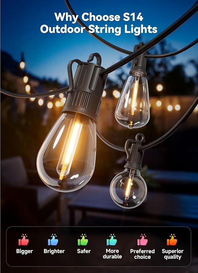 Minetom 101FT Outdoor String LED Patio Lights Waterproof,46 Shatterproof S14 Vintage Edison Bulbs,Commercial Grade Outside Hanging Lights Waterproof for Porch Deck Garden Backyard Balcony Cafe Bistro