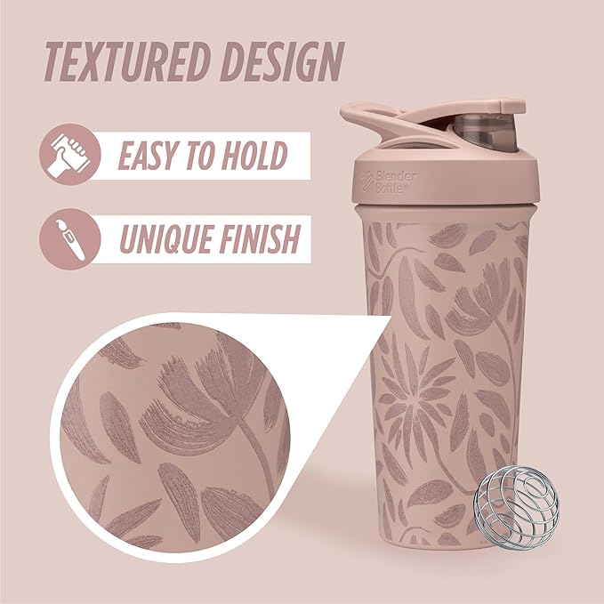 BlenderBottle Sport Flip Shaker Cup Insulated Stainless Steel Water Bottle with Wire Whisk, 25-Ounce, Brown Flowers