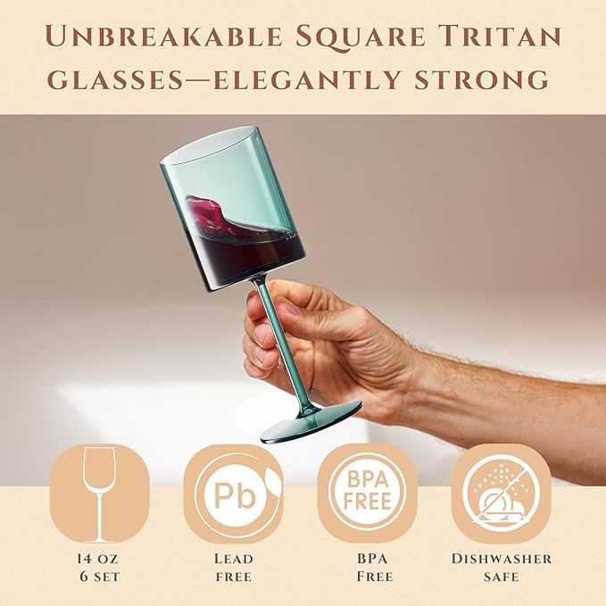 Unbreakable Stemmed Square Tritan Acrylic Floating Wine Glasses European Style | Set of 6 | 100% US Drinkware, 14oz Dishwasher Safe Muted Color Shatterproof BPA-free plastic, All Purpose Glassware