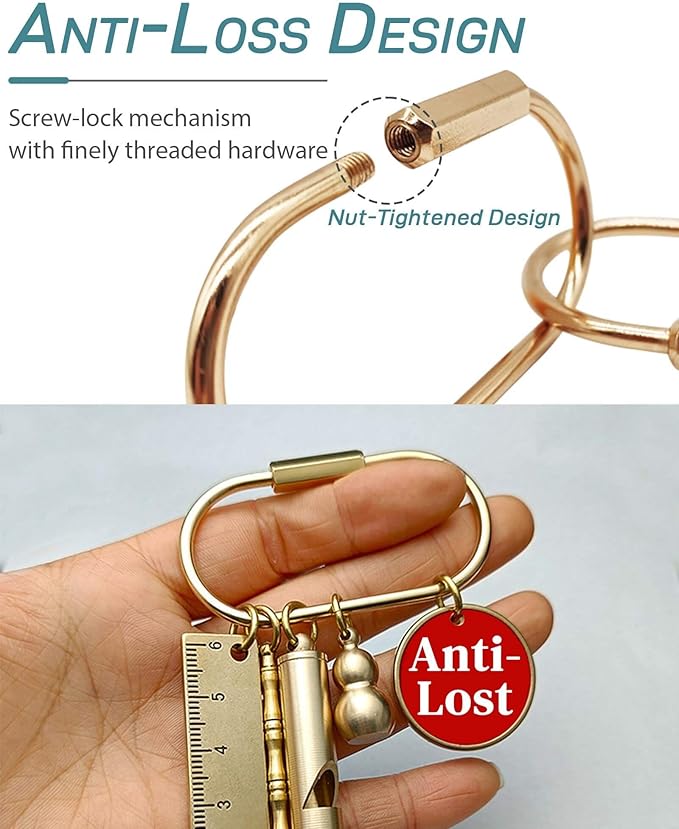 Brass Gold Carabiner Clip for Keys - Loose Leaf Binder Rings, Screw Lock Keychain and Carabiner Clip with Lock for Backpacks, Luggage Tags, Pet Collar Clips and Outdoor Accessories, 6 Packs