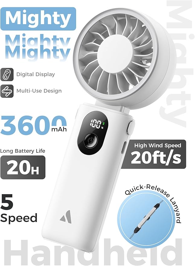 Aecooly Mighty Portable Handheld Fan | 20H Max Cooling Time | 3 Flexible Modes | 5 Speeds Wind | Battery Level Display | USB Rechargeable Mini Personal Battery Powered, Gifts for Women, Travel -White