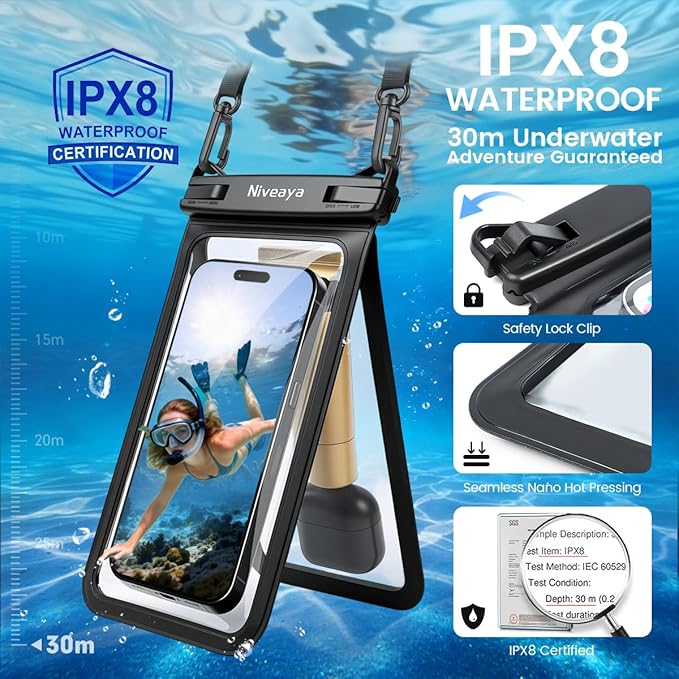 Niveaya Double Space Waterproof Phone Pouch, IPX8 Phone Case with Lanyard for iPhone 17 16 15 Pro Max, Galaxy S25 Ultra, Cellphone Dry Bag for Beach, Cruise Travel Ship Essentials 2 Pack (up to 8.3")