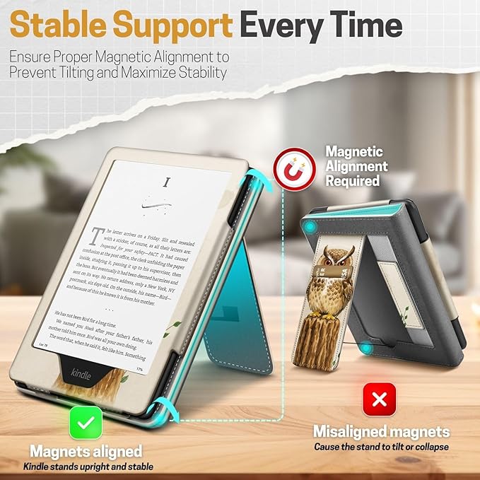 TNP Stand Case for Kindle Paperwhite 12th Generation 2024 / Kindle Colorsoft Signature Edition with Hand Strap & Card Slot - 7" PU Leather Protective Folio Cover with Auto Wake/Sleep, Owl in The Tree