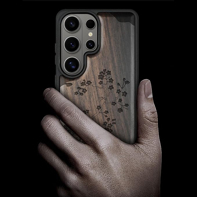 Carveit Magnetic Wooden Case for Samsung Galaxy S26 Ultra Case 2026, TPU Shockproof Cover & Wood Artisan Engraved, Compatible with MagSafe Wireless Chargers (Cherry Blossom with Mount Fuji) Blackwood