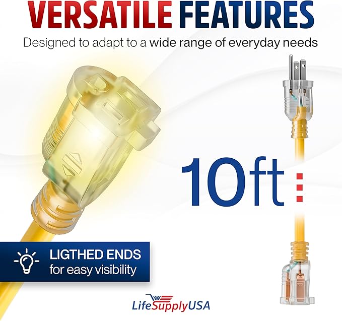10ft Outdoor/Indoor Extension Cord 14/3 Gauge Heavy Duty 3 Prong SJTW, Waterproof, Flexible Cold-Resistant Long Power Cord,15A 125V 1875W, Yellow by LifeSupplyUSA