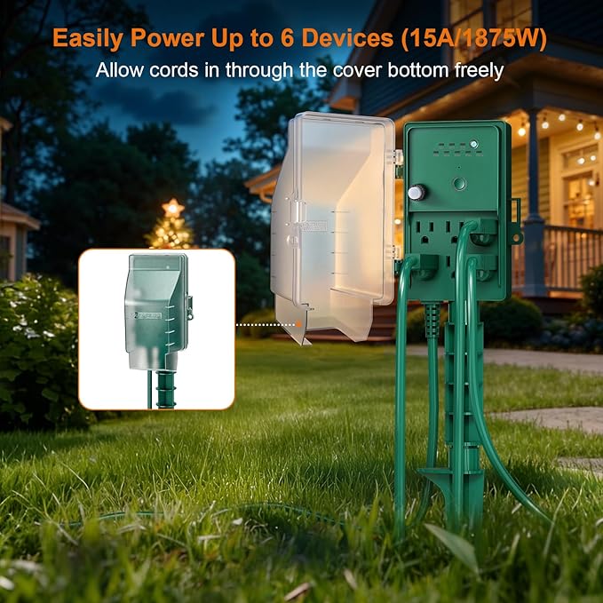 SURAIELEC Outdoor Power Stake, Dusk to Dawn Light Timer, 6 Electrical Outlet Power Strip Waterproof, 6 ft Extension Cord for Patio Lights, Sprinkler, Garden, Christmas Decorations, Outdoor Light