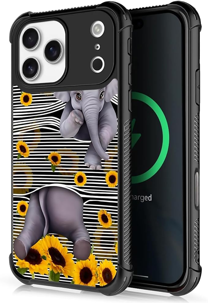 for iPhone 17 Pro Max Case,for MagSafe Graphic Design for Girl Boy Soft Silicone Hard Acrylic Shock Protection for iPhone 17 Pro Max Cute Little Elephant Sunflower White Line Art Pattern