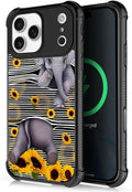 for iPhone 17 Pro Max Case,for MagSafe Graphic Design for Girl Boy Soft Silicone Hard Acrylic Shock Protection for iPhone 17 Pro Max Cute Little Elephant Sunflower White Line Art Pattern