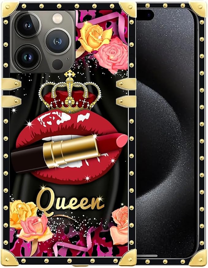 Compatible with iPhone 16 Pro Max Case, Queen Lip Crown Leopard Print Luxury Golden Decoration for Girl Women Soft TPU Shockproof Protective Hard PC Back for iPhone 16 Pro Max