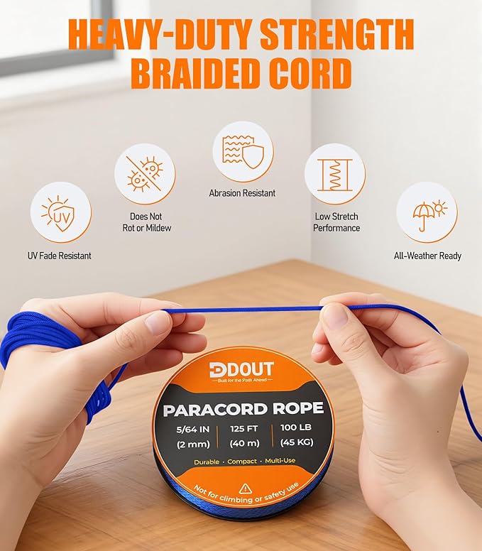 DDOUT 2mm Paracord 100lb, Thin Micro Paracord Rope, Blue 125FT Nylon Cord for Crafting, DIY Projects, Fishing, Camping & Outdoor