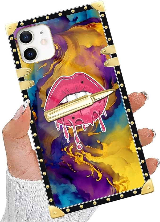 Compatible with iPhone 11 Case, Cool Corlorful Lip Marble Luxury Golden Decoration for Girl Women Soft TPU Shockproof Protective Hard PC Back for iPhone 11