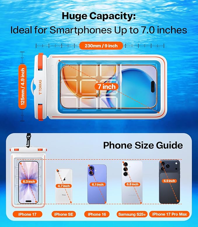TORRAS IPX8 Waterproof Phone Pouch Floating, Underwater Screen Touchable, Water Proof Case with Lanyard for iPhone 17 Pro Max 16 S26, Cellphone Dry Bag Cruise Essentials 7.0 inch, White