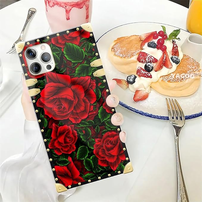 Compatible with iPhone 12 Pro Max Case, Vector Red Rose Green Leaf Luxury Golden Decoration for Girl Women Soft TPU Shockproof Protective Hard PC Back for iPhone 12 Pro Max