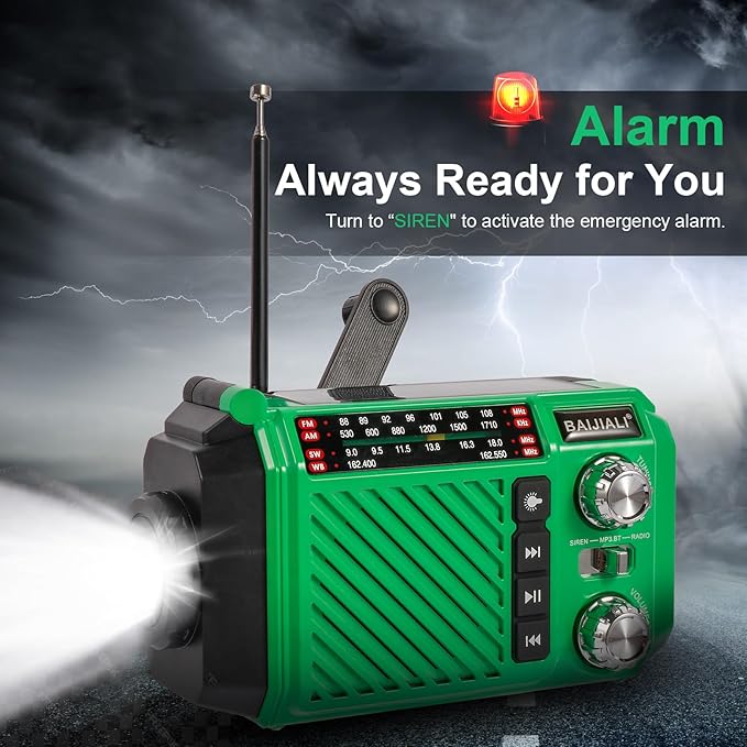 Hand Crank Emergency Weather Radio with 2600mAh/9620mWh Power Bank, NOAA AM FM Shortwave Portable Radio, Solar & USB-C Charging, Flashlight, SOS Alarm for Emergency Kits (Green)