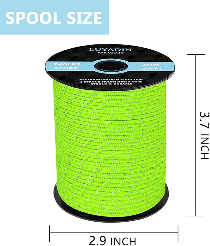Reflective Paracord 240lb - Diameter 2mm Micro Utility Cord -3 Strand Parachute Spool Cord - 100ft 200ft,Paracord for Camping,Hiking,Fishing,Outdoor and DIY
