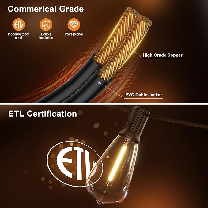 50FT Outdoor String Lights, Waterproof Patio Lights with Shatterproof ST38 Vintage Edison Bulbs, Connectable Outside Hanging Lights for Backyard, Porch, Deck, Balcony, Garden, 2500K Dimmable