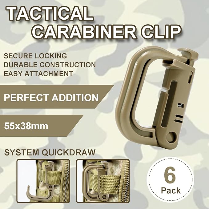 6 Pack 2.12“ Tactical Locking D Ring Plastic Carabiner Backapck Molle Hook Clip for Webbing Straps Bag