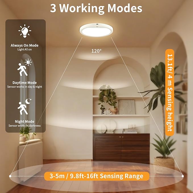 USB C Rechargeable Motion Sensor Ceiling Light 750LM with Remote, 3000K 4000K 6500K Magnetic No Wiring LED Ceiling Light Battery Powered for Shower Stairs Hallway Porch Pantry Garage Patio Shed