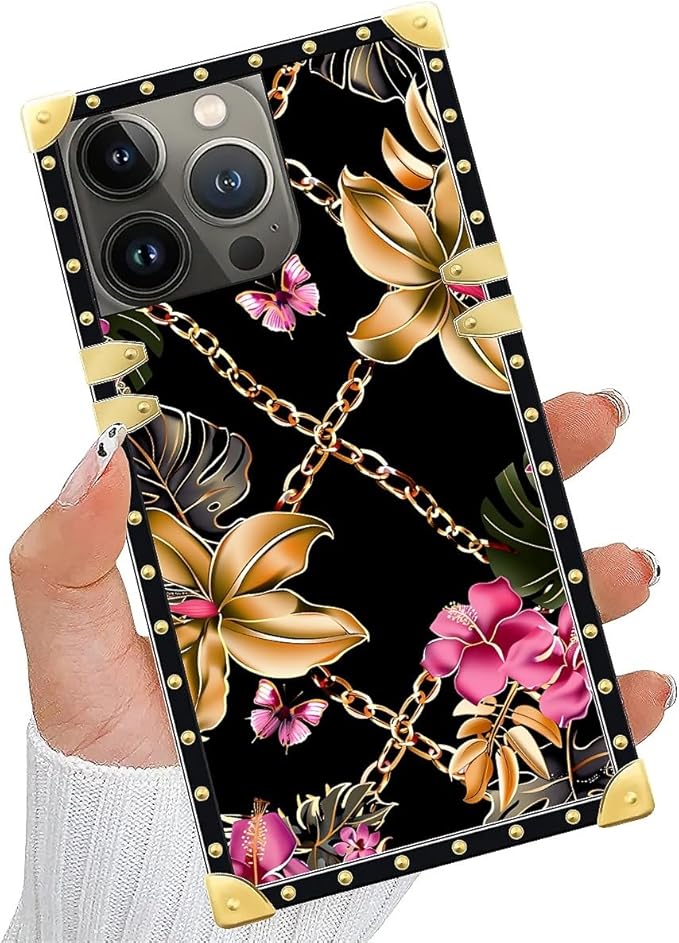Compatible with iPhone 13 Pro Case, Pink Golden Chain Tropical Flower Luxury Golden Decoration for Girl Women Soft TPU Shockproof Protective Hard PC Back for iPhone 13 Pro