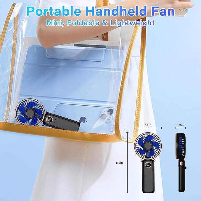 Portable Handheld Fan 5200mAh, USB Rechargeable Foldable Electric Personal Small Mini Hand Held Fan, 22Hrs Runtime, 6 Speeds, LED Display, Battery Powered, Gift for Men, Women, Travel, Outdoor, Makeup