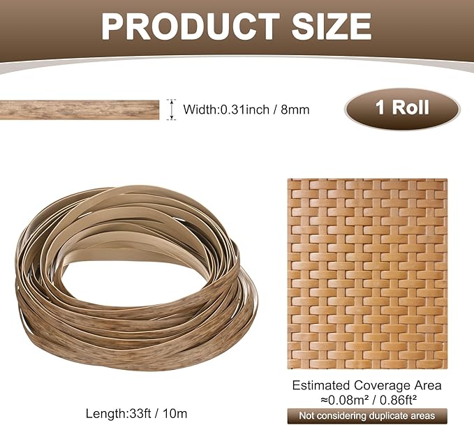 M METERXITY 1-Pack Wicker Repair Kit, 8mm x 33ft/10m Plastic Flat Rattan Replacement Supplies for Patio Furniture Repair/Basket Making/Chair Weaving, Synthetic Woven Rattan [Khaki]