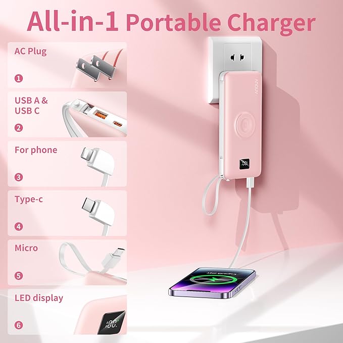 Portable Charger Built-in Cables, AC Wall Plug and Magnetic Wireless iWatch Charger, 10000mAh 22.5W PD Fast Charging Power Bank, Compact Battery Pack Travel Essentials for iPhone/Samsung/Apple Watch