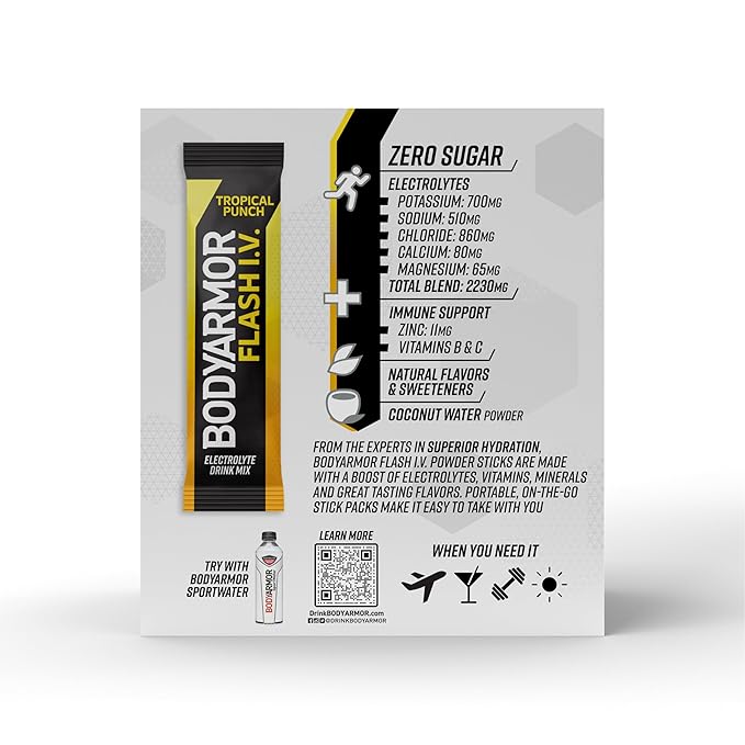 BODYARMOR Flash I.V. Electrolyte Packets, Tropical Punch, Zero Sugar Drink Mix, Single Serve Packs, Coconut Water Powder, Hydration for Workout, Travel Essential, Just Add Sticks to Liquid (15 Count)