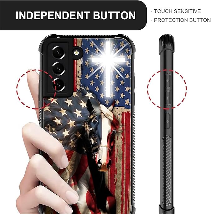 for Samsung Galaxy S22 Case, Red American Flag Horse Cross Pattern Graphic Design Girl Boy Soft Silicone Hard Acrylic Shock Protection for Samsung Galaxy S22