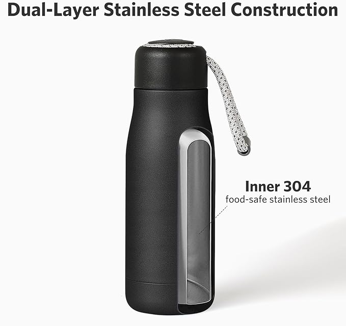 Water Bottles with Portable Lid，Hydro Insulated Thermal Flask for Hot or Cold Drinks 350ml Stainless Steel Metal Reusable Water Bottle for Kids, Adults, Midnight Black
