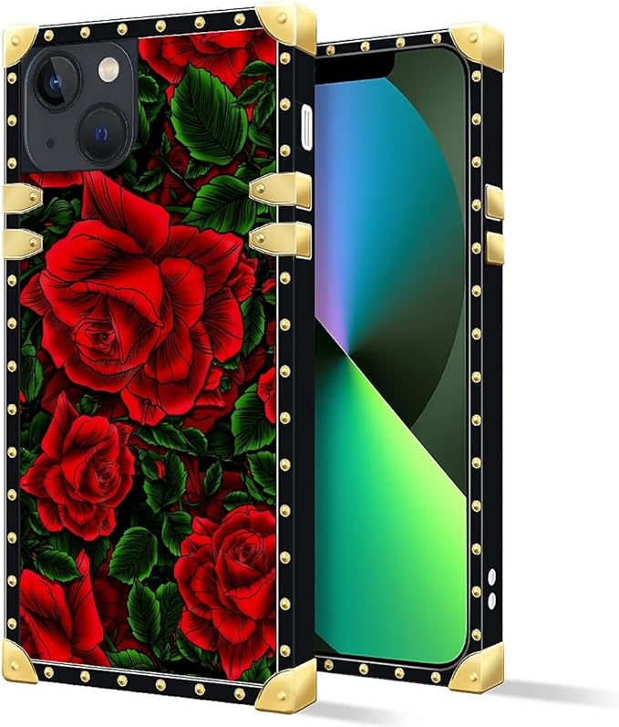 Compatible with iPhone 13 Case, Vector Red Rose Green Leaf Luxury Golden Decoration for Girl Women Soft TPU Shockproof Protective Hard PC Back for iPhone 13