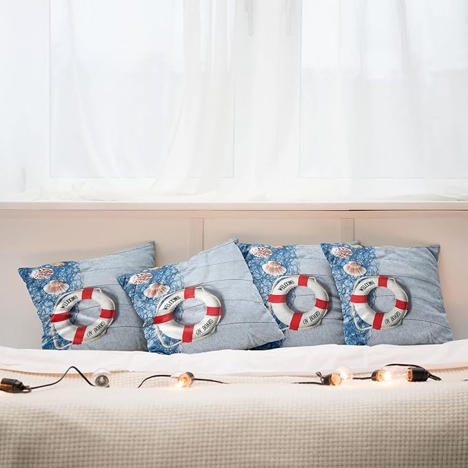 Ambesonne Coastal Throw Pillow Cushion Case Pack of 4, Welcome on Board Message on Life with Fishing Net Seashell Wood Floor of Boat, Modern Accent Double-Sided Digital Printing, 24", Dust Blue