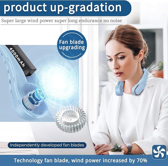 ASNUG Neck Fan, Bladeless Neck Fan, USB Rechargeable Personal Fan, 4000 mAh Battery Operated Wearable Fan, 3 Speeds Adjustable,Faster Cooling, Ultra Quiet, Suitable for Home, Office, Travel, Sports