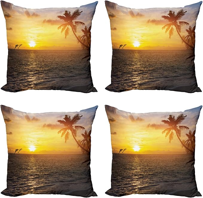 Ambesonne Beach Decorative Throw Pillow Case Pack of 4, Palm Trees in Tropical Island Beach Jumping Fishes and Majestic Sunset Image, Cushion Cover for Couch Living Room Car, 20", Bluegrey Yellow