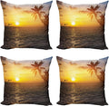 Ambesonne Beach Decorative Throw Pillow Case Pack of 4, Palm Trees in Tropical Island Beach Jumping Fishes and Majestic Sunset Image, Cushion Cover for Couch Living Room Car, 20", Bluegrey Yellow