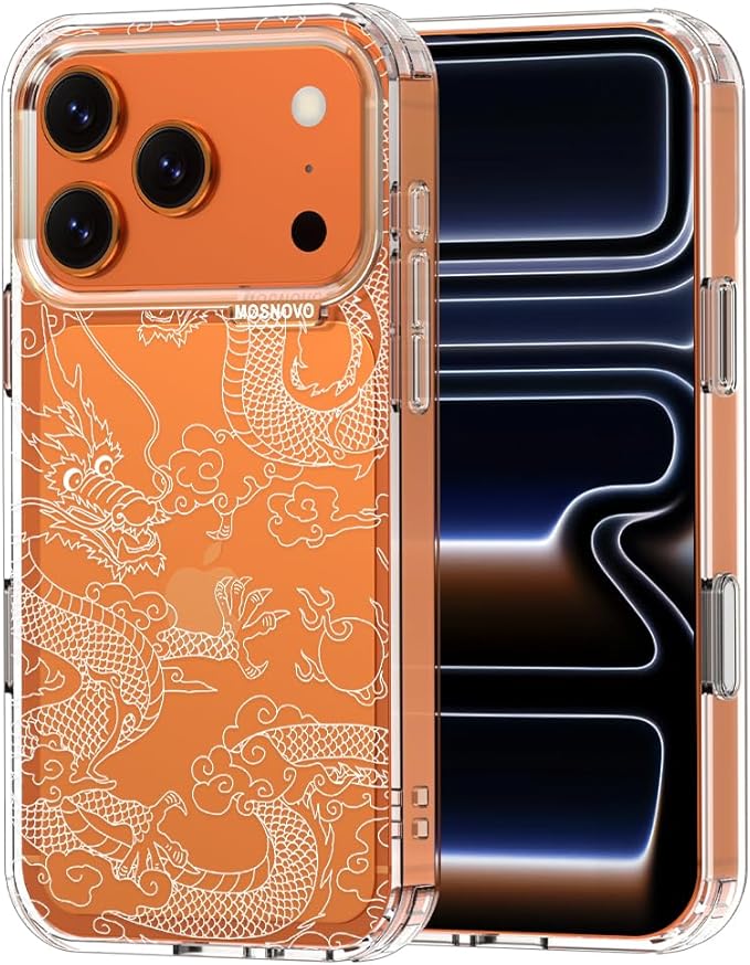 MOSNOVO for iPhone 17 Pro Case | Military Grade 6.6ft Drop Tested | Camera Control | Clear with White Dragon Design