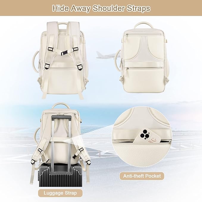 Sinaliy Travel Backpack for Women, Expandable 40L Carry on Flight Approved Backpack, 17 Inch Laptop Waterproof Travel Bag for College, Travel, Work, Beige