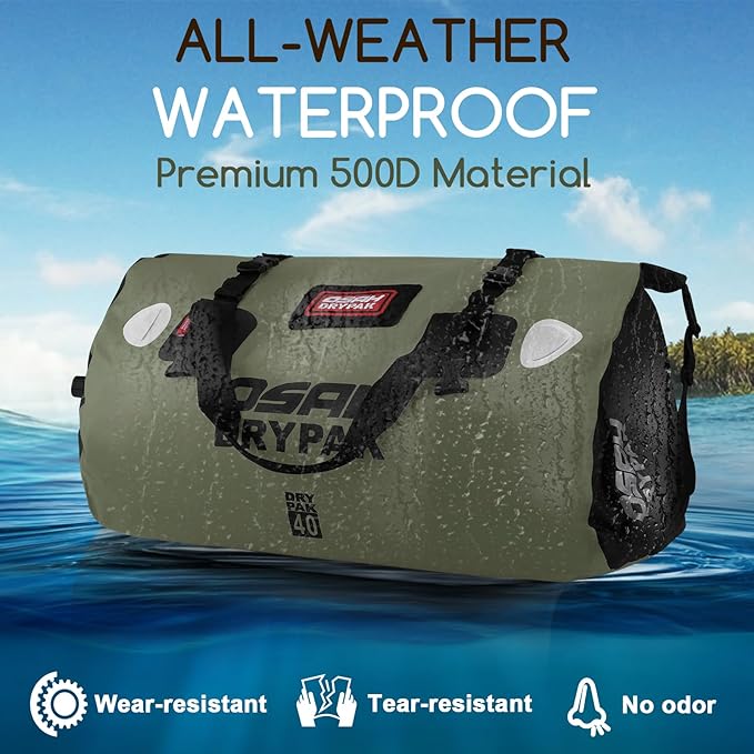 OSAH DRYPAK Waterproof Duffel Bag - Motorcycle Dry Bag Tail Bag with Large Storage Space, Waterproof Luggage Duffle Bags with Outer Mesh Zipper Pocket for Camping, Kayaking, Fishing & Traveling