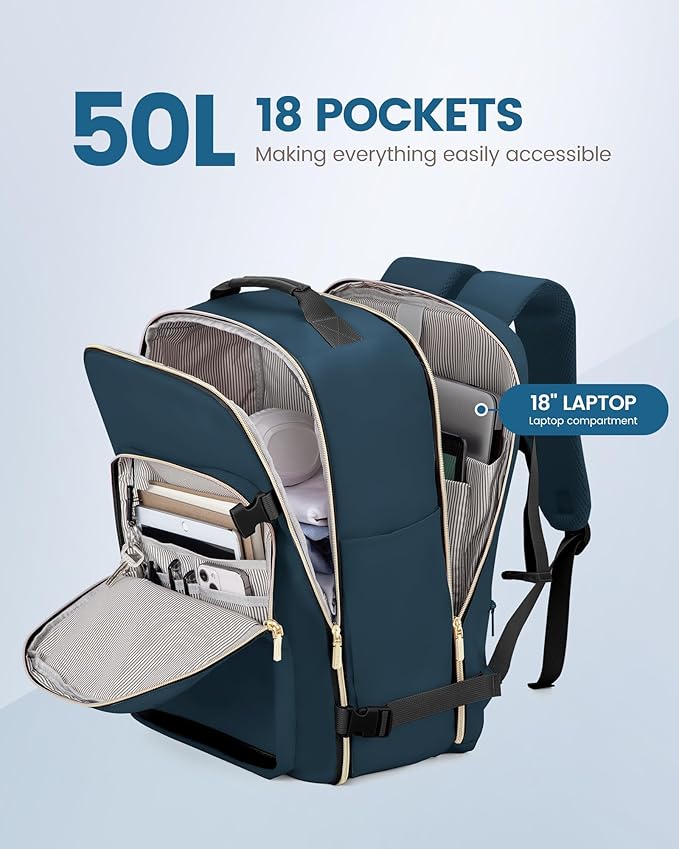LOVEVOOK Travel Backpack for Women & Men 50L,Airline Approved Carry On Backpack Travel Essentials,TSA Carry on Luggage,Waterproof Personal Item Travel Bag,Suitcase with 3 Packing Cubes,Indian Teal