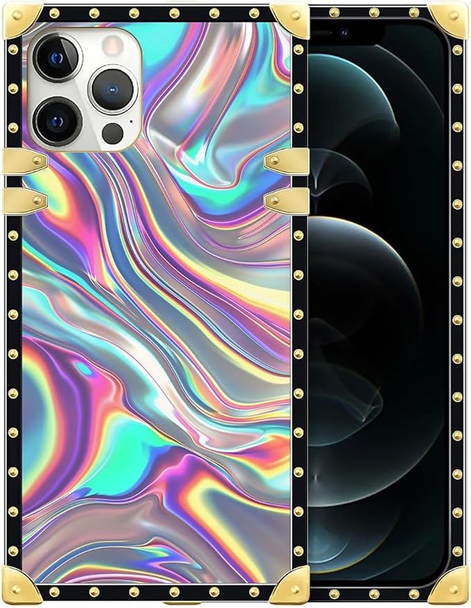 Compatible with iPhone 12 Case, Holographic Abstract Iridescent Textures Luxury Golden Decoration for Girl Women Soft TPU Shockproof Protective Hard PC Back for iPhone 12 Pro
