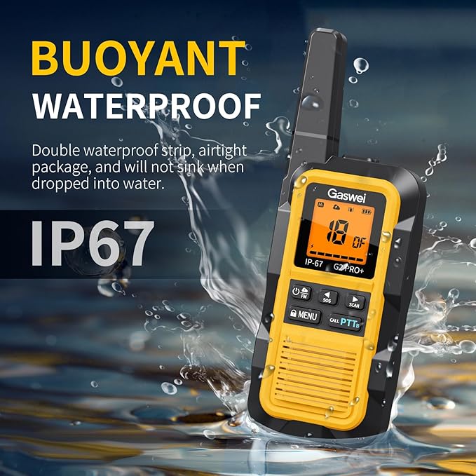 Gaswei G2pro+ IP67 Waterproof Floating Heavy Duty Walkie Talkies Long Range for Adults FRS Double PTT，FM radio,SOS,NOAA weather Rechargeable Two Way Radios 2 watts,VOX,Li-ion Battery (2 Pack - Yellow)
