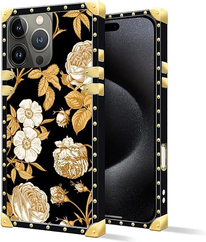 Compatible with iPhone 16 Pro Max Case, Blooming Rose Golden Flower Luxury Golden Decoration for Girl Women Soft TPU Shockproof Protective Hard PC Back for iPhone 16 Pro Max