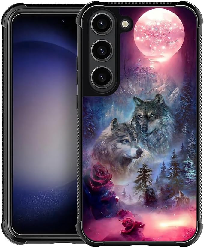 for Samsung Galaxy S23 Case, Star Two Wolfs Howling Pattern Graphic Design Girl Boy Soft Silicone Hard Acrylic Shock Protection for Samsung Galaxy S23