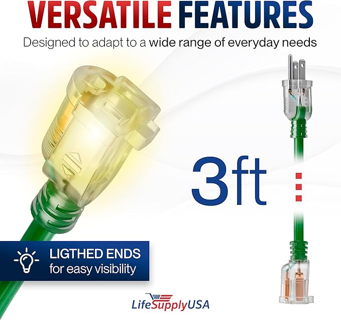 3ft Outdoor/Indoor Extension Cord 14/3 Gauge Heavy Duty 3 Prong SJTW, Waterproof, Flexible Cold-Resistant Long Power Cord,15A 125V 1875W, Green by LifeSupplyUSA
