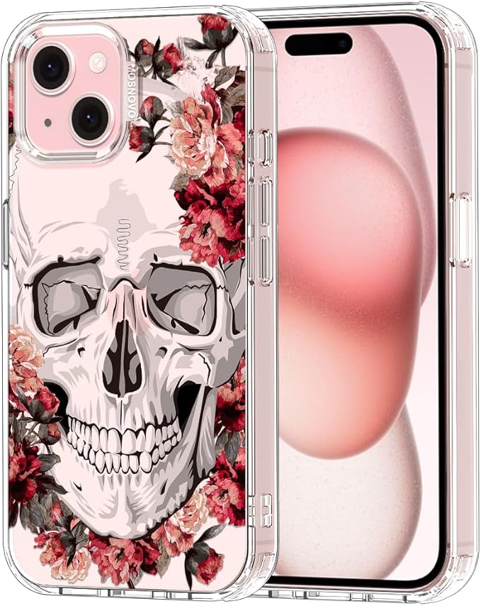 MOSNOVO Case for iPhone 15 Plus/iPhone 14 Plus, [Buffertech 6.6ft Military-Grade Drop Protection] [Anti Peel Off Tech] Clear TPU Bumper Phone Case Cover Design - Red Flower Skull