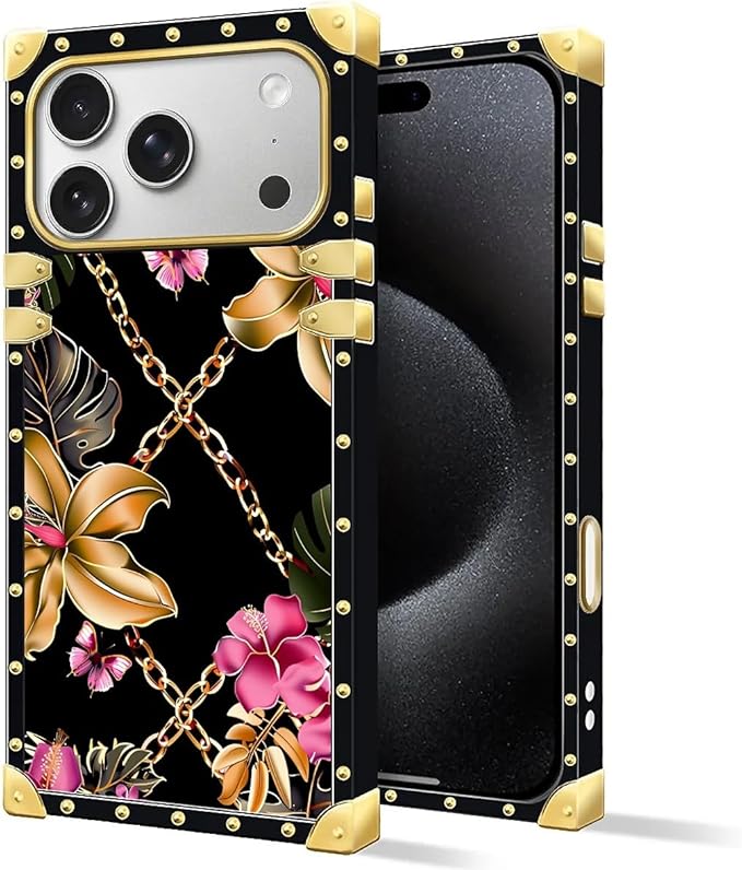 for iPhone 17 Pro Case Luxury Golden Decoration for Girl Women Soft TPU Shockproof Protective Hard PC Back for iPhone 17 Pro Crazy Pattern Pink Golden Chain Tropical Flower
