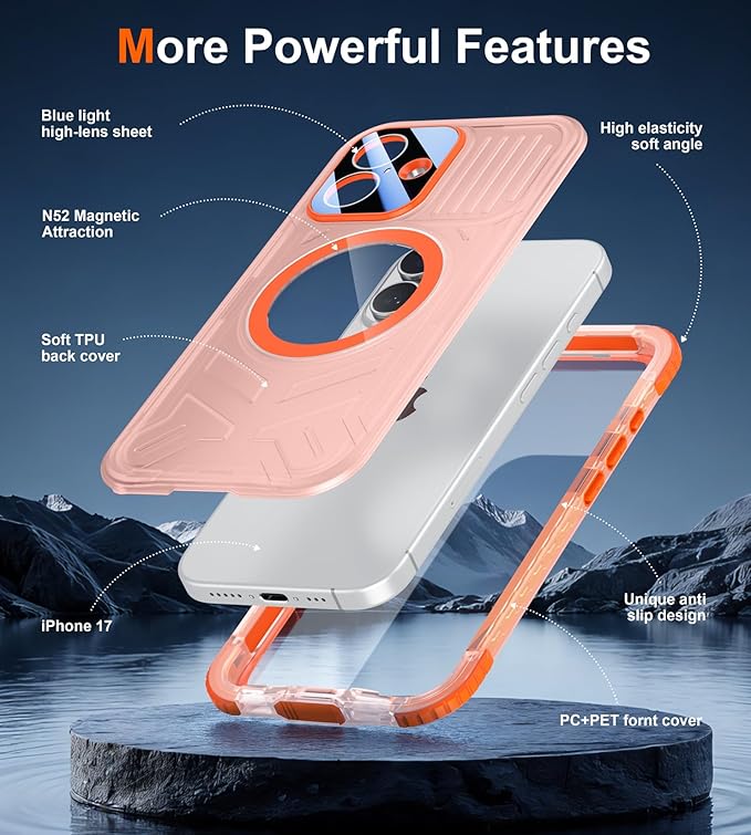 SPIDERCASE Magnetic for iPhone 17 Case Waterproof,[Built-in Screen & Camera Protector] [IP68 Underwater] 12FT Military Shockproof, Dustproof, Anti-Scratched Phone Case,Orange/Clear