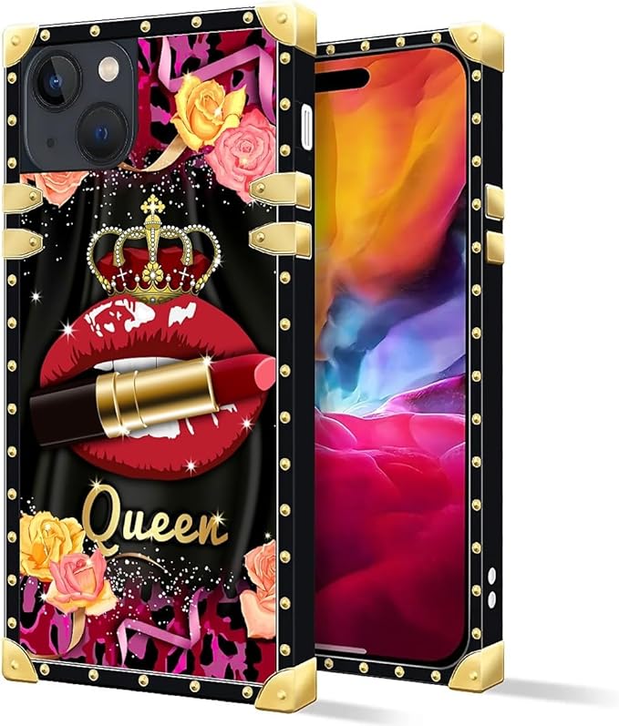 Compatible with iPhone 15 Case, Queen Lip Crown Leopard Print Luxury Golden Decoration for Girl Women Soft TPU Shockproof Protective Hard PC Back for iPhone 15