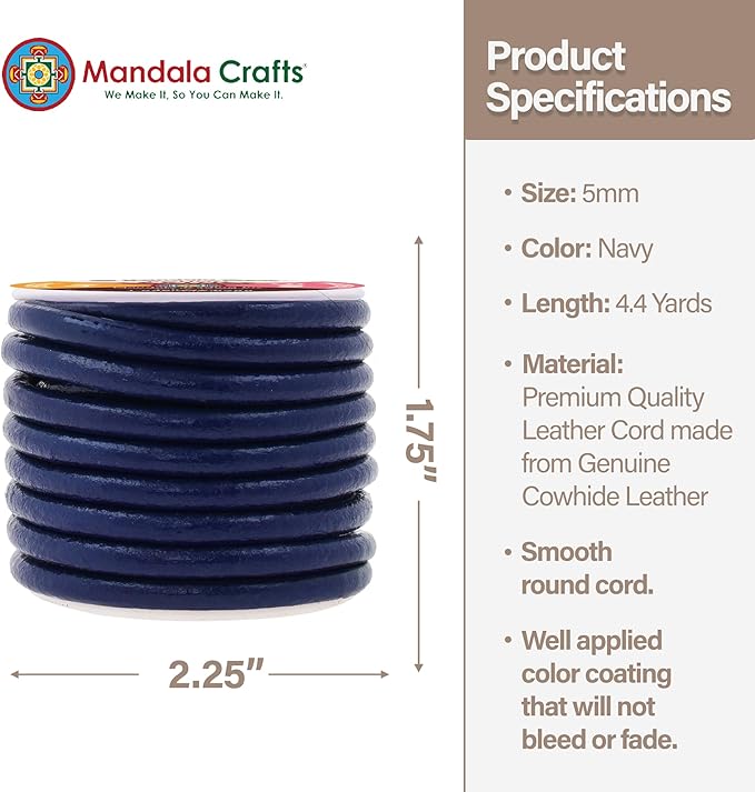 Mandala Crafts Round Genuine Navy Blue Leather Cord for Jewelry Making – 5mm Cowhide Leather Rope String Lace for Kumihimo – 4.4 Yards Cowhide Craft Cording Spool