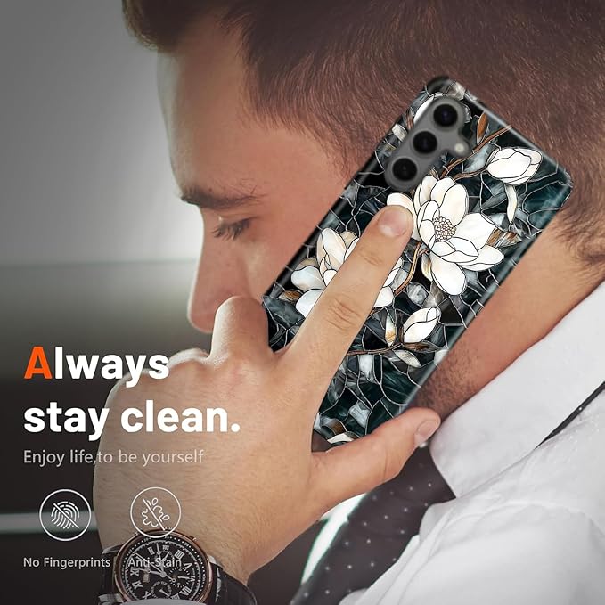 Compatible for Samsung Galaxy A27 5G Case, Dual Layer Heavy Duty 2 in 1 Shockproof Protective Phone Case,Stained Glass White Magnolia