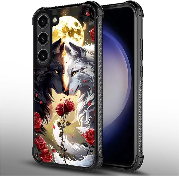 for Samsung Galaxy S23 Plus Case, Black White Wolf Moon Flower Rose Pattern Graphic Design Girl Boy Soft Silicone Hard Acrylic Shock Protection for Samsung Galaxy S23 Plus